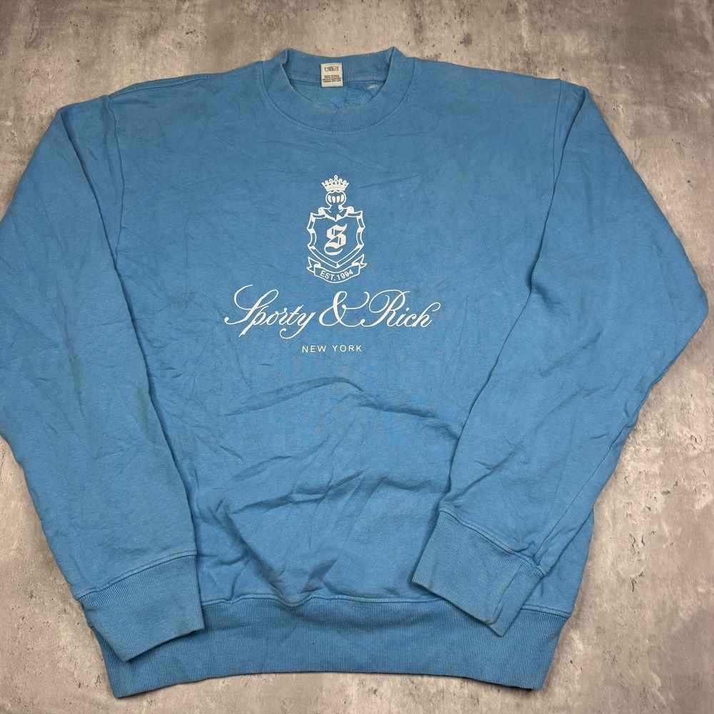 New Sporty & Rich New York Varsity Crest Soft Crewneck Blue Women's Size XS